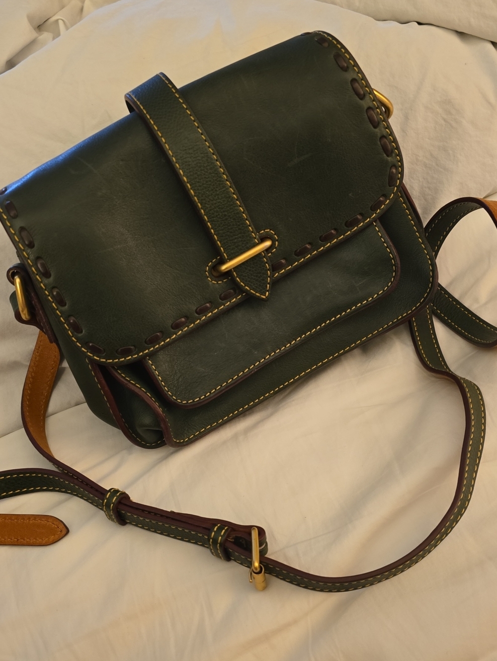 Dark Green Leather Crossbody Bag with Contrast Stitching